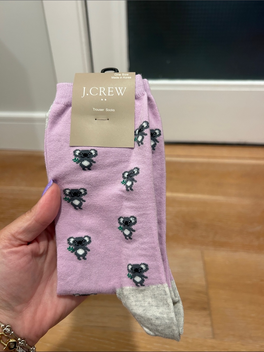 J. Crew Lavender Koala Pattern Trouser Socks with Gray Heel